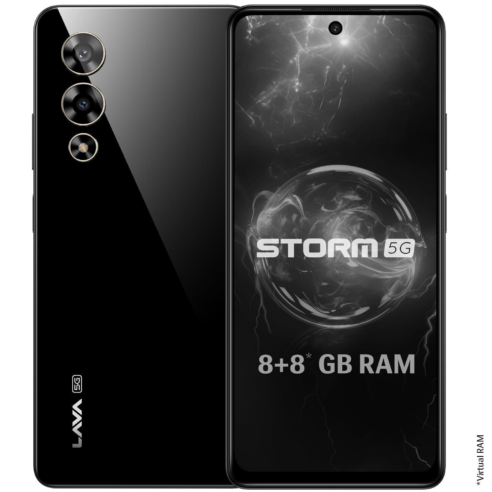 Lava Storm 5G (Thunder Black, 8GB RAM, 128GB ROM), Premium Glass Back Design, MediaTek Dimensity 6080 Processor, 50MP+8MP Ultrawide Dual Camera, 16MP Front Camera, 33W Fast Charging, Clean Android - Triveni World