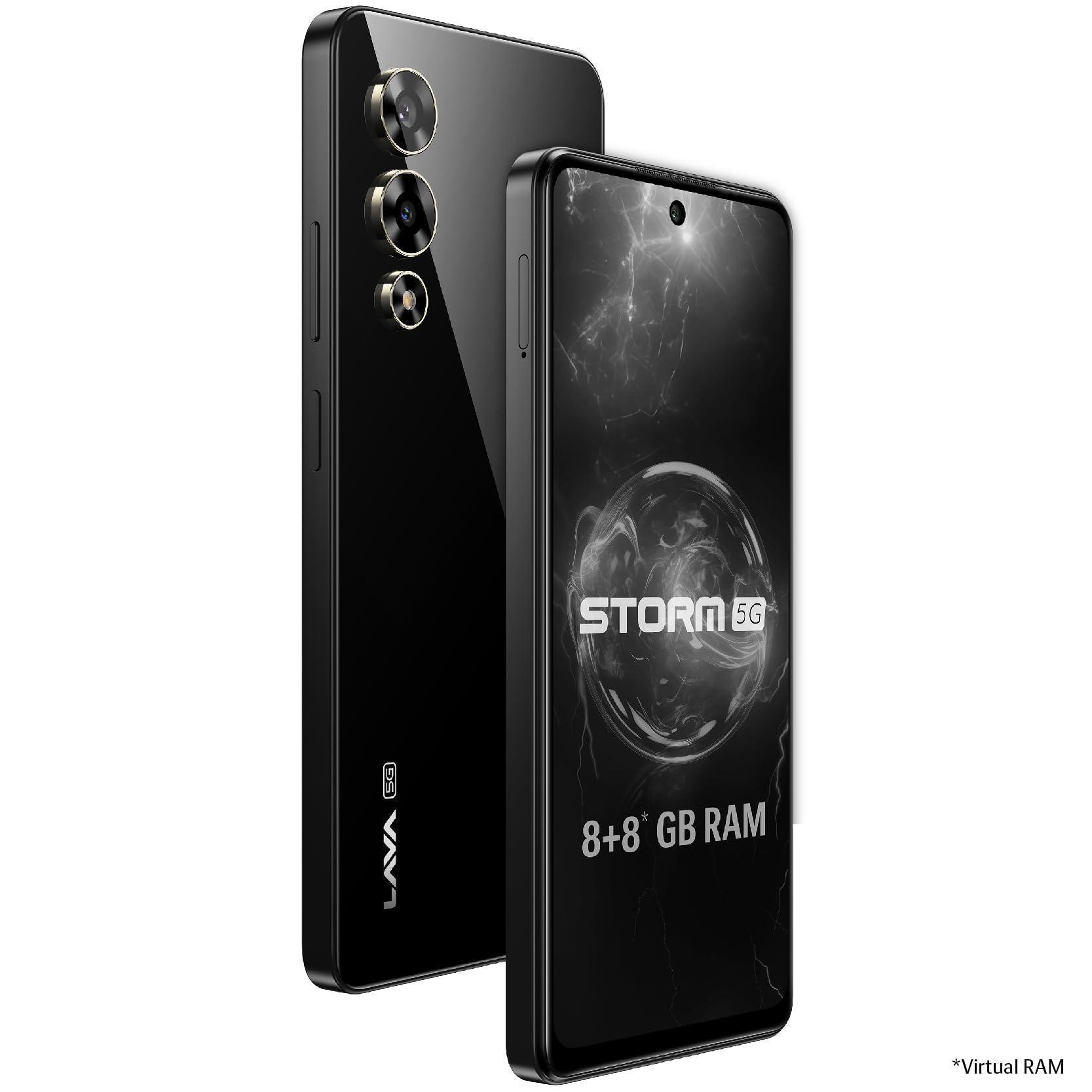 Lava Storm 5G (Thunder Black, 8GB RAM, 128GB ROM), Premium Glass Back Design, MediaTek Dimensity 6080 Processor, 50MP+8MP Ultrawide Dual Camera, 16MP Front Camera, 33W Fast Charging, Clean Android - Triveni World