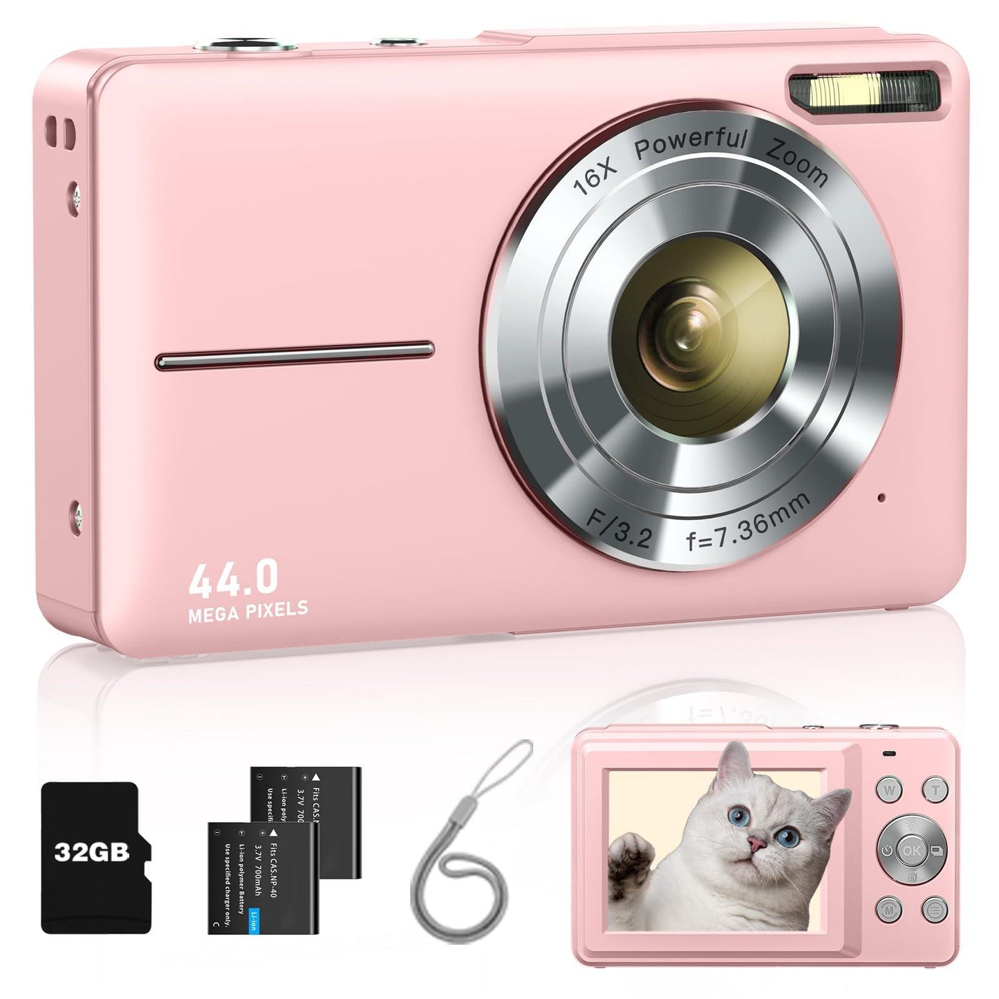 Lecran Fhd 1080P Kids Digital Camera With 32Gb Card, 2 Batteries, Lanyard, 16X Zoom Anti Shake, 44Mp Compact Portable Small Point And Shoot Cameras Gift For Kids Student Children Teens Girl Boy(Pink) - Triveni World