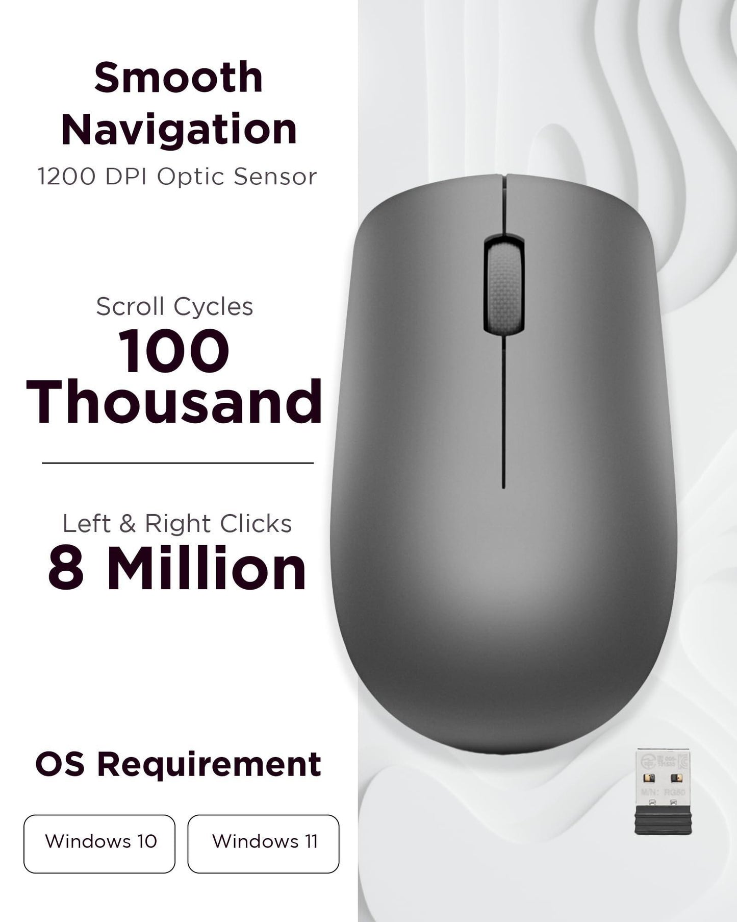 Lenovo 530 Wireless Mouse (Graphite): Ambidextrous, Ergonomic Mouse, Up to 8 Million clicks for Left and Right Buttons, Optical Sensor 1200 DPI, 2.4 GHz Wireless Technology via Nano USB Receiver - Triveni World