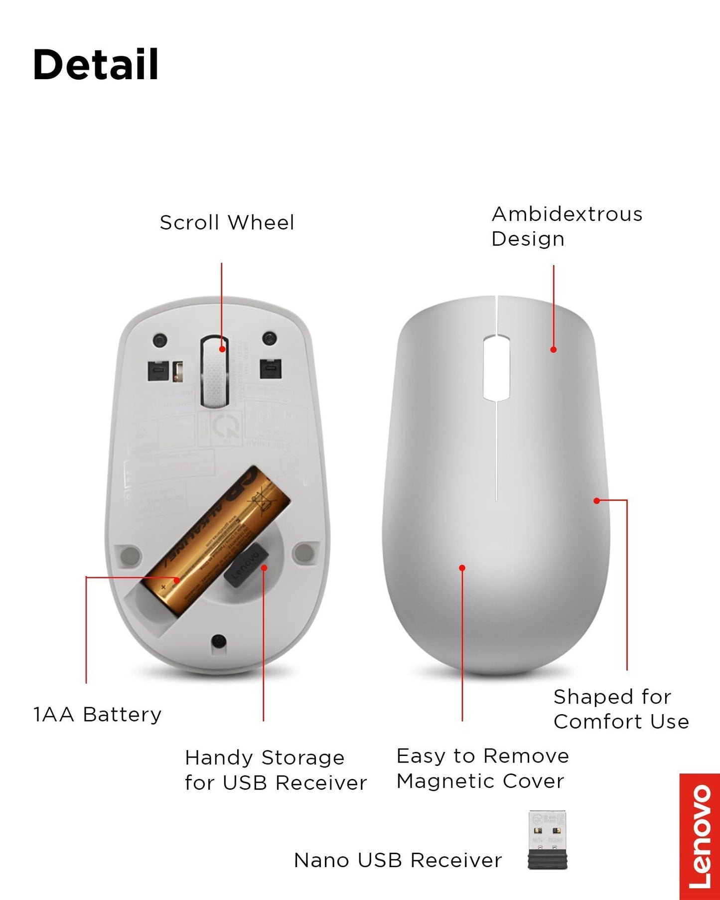 Lenovo 530 Wireless Mouse (Platinum Grey): Ambidextrous, Ergonomic Mouse, Up to 8 Million clicks for Left and Right Buttons, Optical Sensor 1200 DPI, 2.4 GHz Wireless Technology via Nano USB Receiver - Triveni World