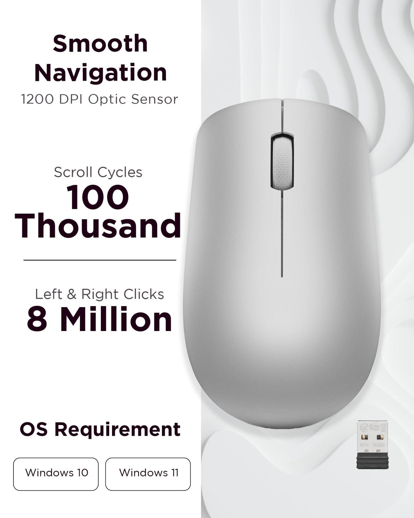 Lenovo 530 Wireless Mouse (Platinum Grey): Ambidextrous, Ergonomic Mouse, Up to 8 Million clicks for Left and Right Buttons, Optical Sensor 1200 DPI, 2.4 GHz Wireless Technology via Nano USB Receiver - Triveni World