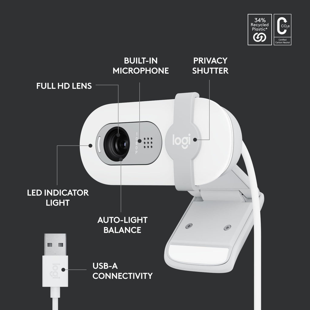 Logitech Brio 100 Full HD Webcam for Meetings and Streaming, Auto-Light Balance, Built-in Mic, Privacy Shutter, USB-A, for Microsoft Teams, Google Meet, Zoom and More- OffWhite - Triveni World