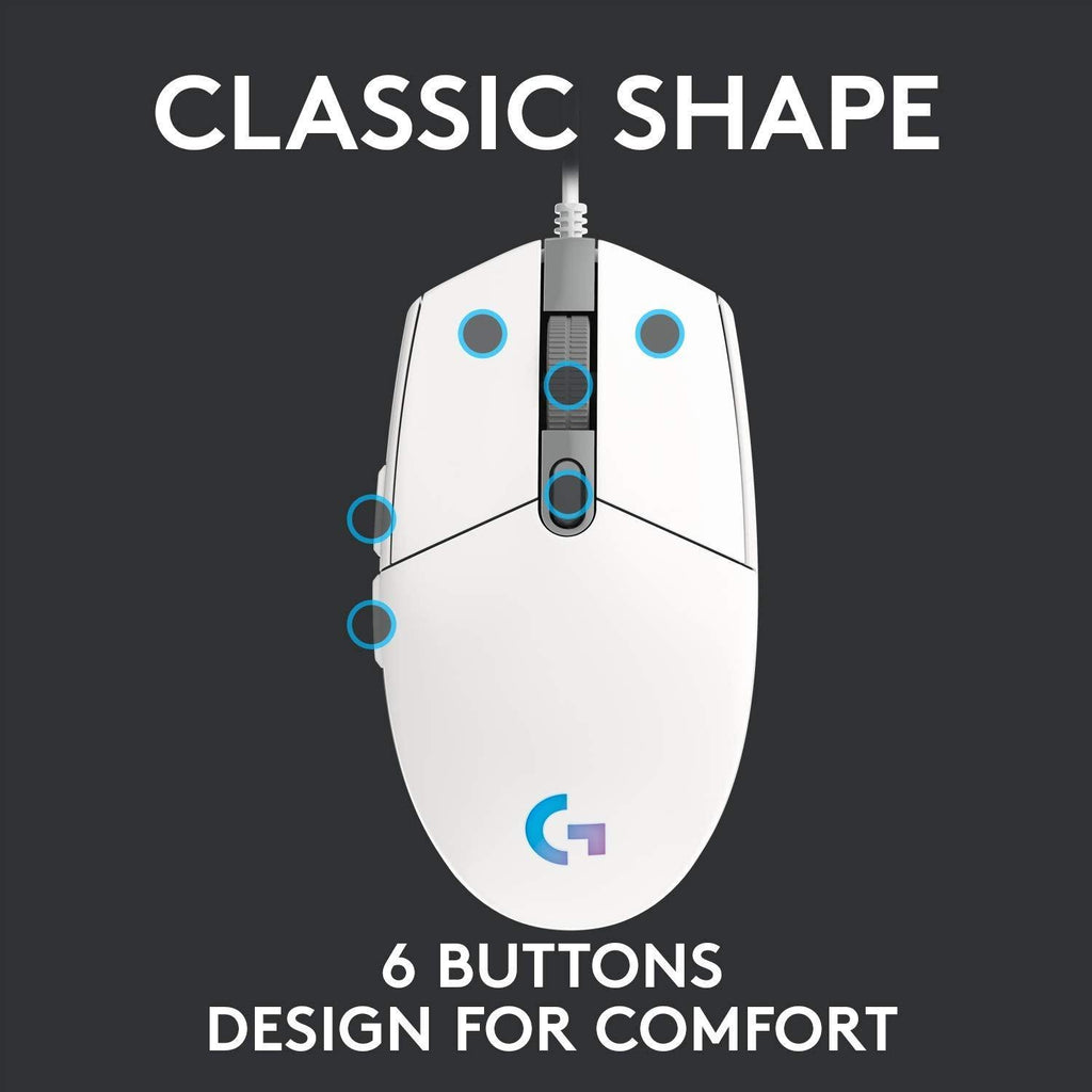 Logitech G102 Light Sync Gaming Wired Mouse with Customizable RGB Lighting, 6 Programmable Buttons, Gaming Grade Sensor, 8K DPI Tracking,16.8mn Color, Light Weight - White - Triveni World