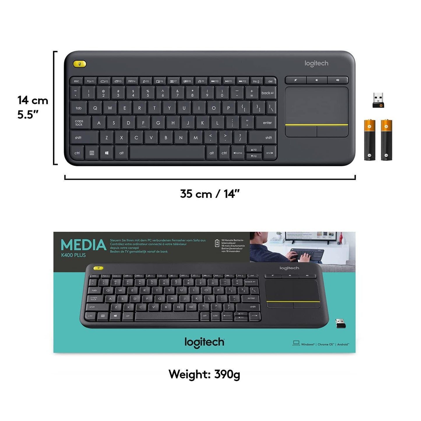 Logitech K400 Plus Wireless Touch TV Keyboard with Easy Media Control and Built-in Touchpad, HTPC Keyboard for PC-Connected TV, Windows, Android, Chrome OS, Laptop, Tablet - Black - Triveni World