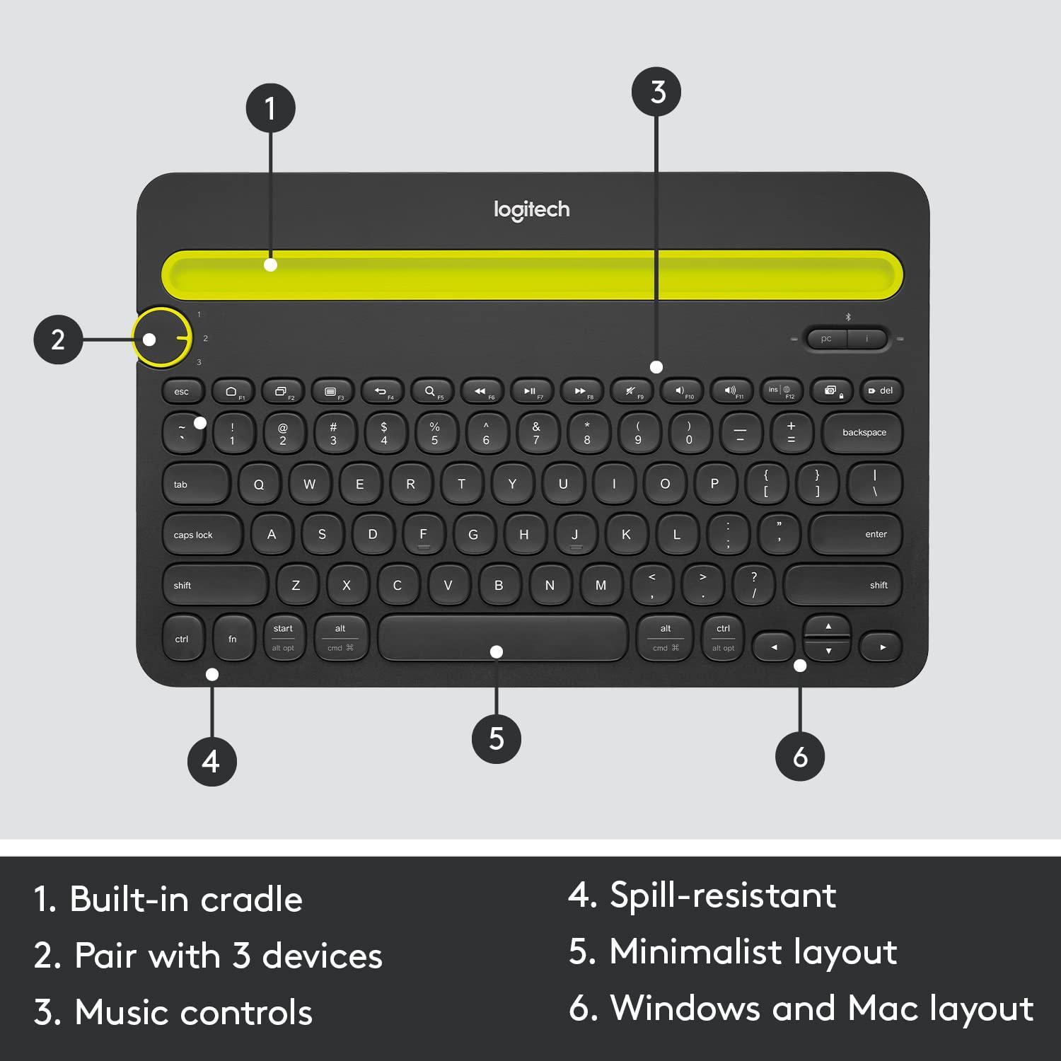 Logitech K480 Wireless Multi-Device Keyboard For Windows, Macos, Ipados, Android Or Chrome Os, Bluetooth, Compact, Compatible With Pc, Mac, Laptop, Smartphone, Tablet - Black - Triveni World