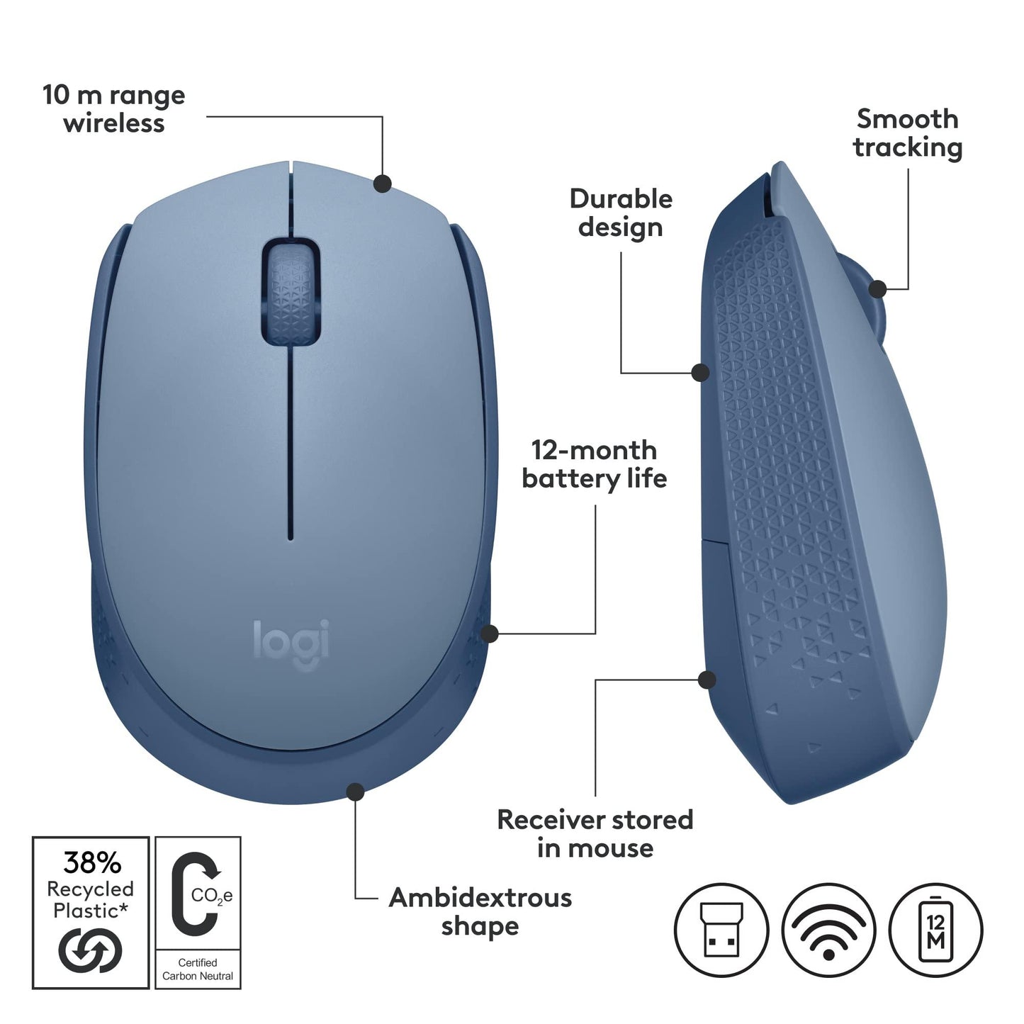 Logitech M171 Wireless Mouse for PC, Mac, Laptop, 2.4 GHz with USB Mini Receiver, Optical Tracking, 12-Months Battery Life, Ambidextrous - Grey - Triveni World