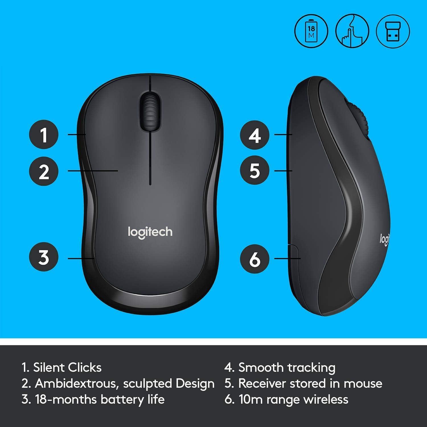 Logitech M221 Wireless Mouse, Silent Buttons, 2.4 GHz with USB Mini Receiver, 1000 DPI Optical Tracking, 18-Month Battery Life, Ambidextrous PC/Mac/Laptop - Charcoal Grey - Triveni World