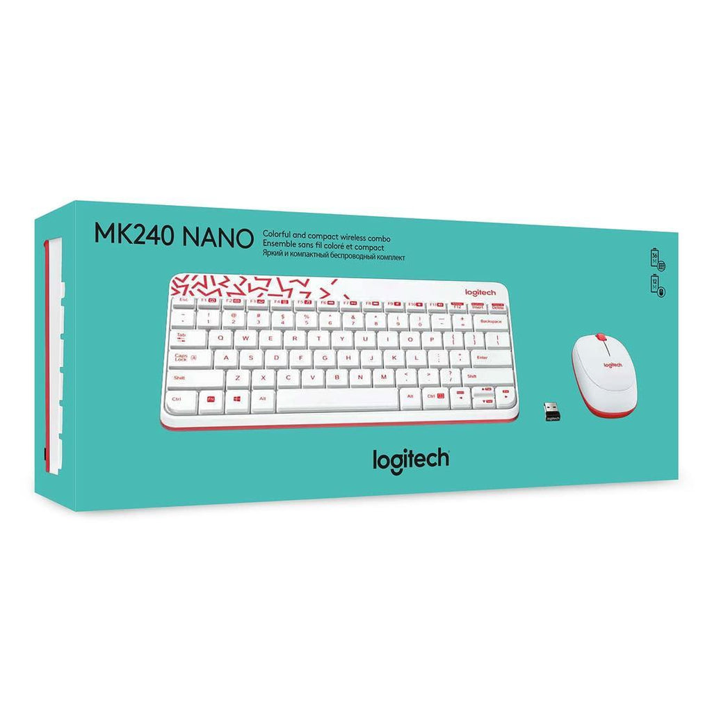 Logitech MK240 Nano USB Wireless Keyboard and Mouse Set, 12 Function Keys 2.4GHz Wireless, 1000DPI,Spill-Resistant Design, PC/Mac, White/Vivid Red - Triveni World