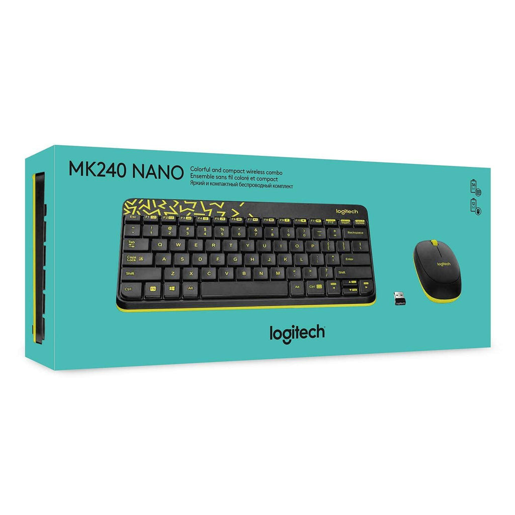 Logitech MK240 Nano Wireless USB Keyboard and Mouse Set, 12 Function Keys 2.4GHz Wireless, 1000DPI, Spill-Resistant Design, PC/Mac, Black/Chartreuse Yellow - Triveni World