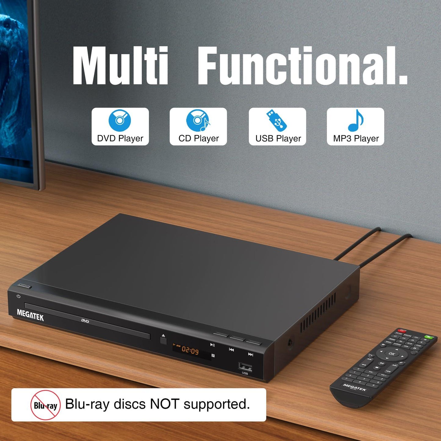 MEGATEK Region-Free DVD Player for TV with HDMI, CD Player for Home, Plays All Regions and Formats, USB Port, Durable Metal Casing, Remote, HDMI and RCA Cables Included - Triveni World