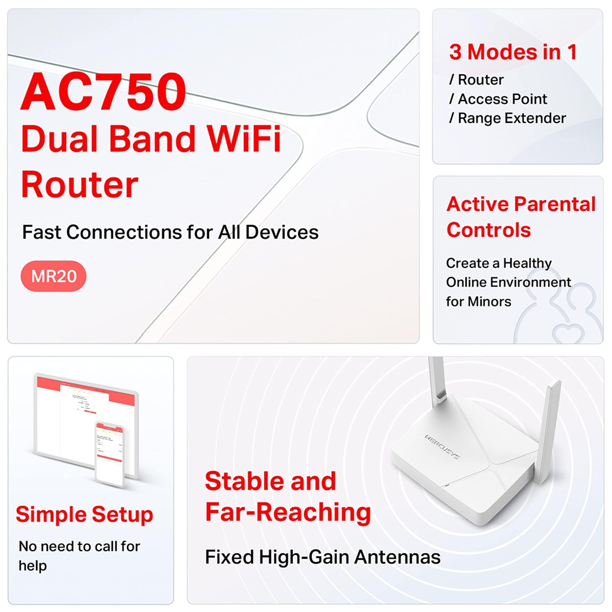 Mercusys MR20 750 Mbps Wireless Dual Band Wi-Fi Router | AC750 Multi-Mode | 2 High Gain External Antennas | IPTV and IPv6 Supported - Triveni World