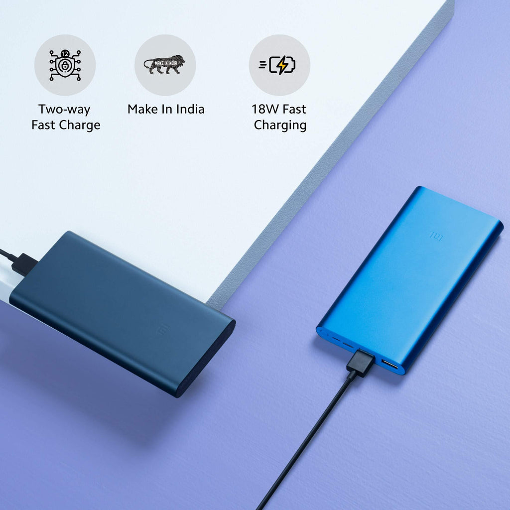 MI 10000mAh 3i Lithium Polymer Power Bank Dual Input(Micro-USB and Type C) and Output Ports 18W Fast Charging (Metallic Blue) - Triveni World