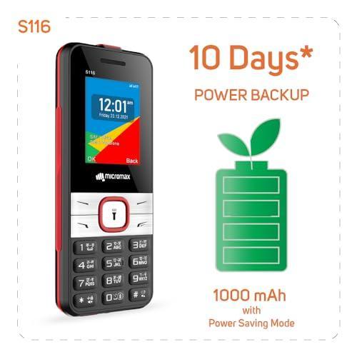 Micromax S116, Dual Sim Keypad with Long Lasting Battery & Dedicated Notification Ring, Wireless FM with Auto Call Recording | Black Red - Triveni World