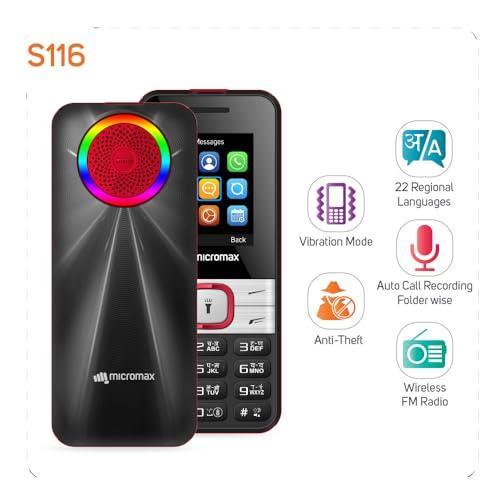 Micromax S116, Dual Sim Keypad with Long Lasting Battery & Dedicated Notification Ring, Wireless FM with Auto Call Recording | Black Red - Triveni World