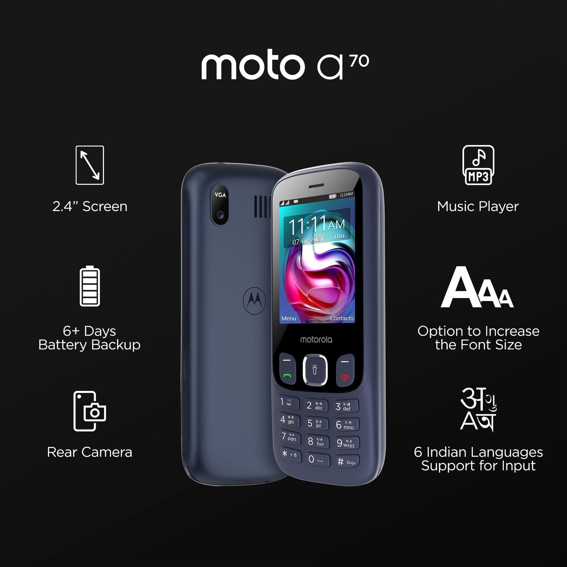 Motorola a70 keypad mobile Dual Sim with expandable memory upto 32GB,Camera, 2.4 inch screen with 1750 mAh Battery, Dark Blue - Triveni World