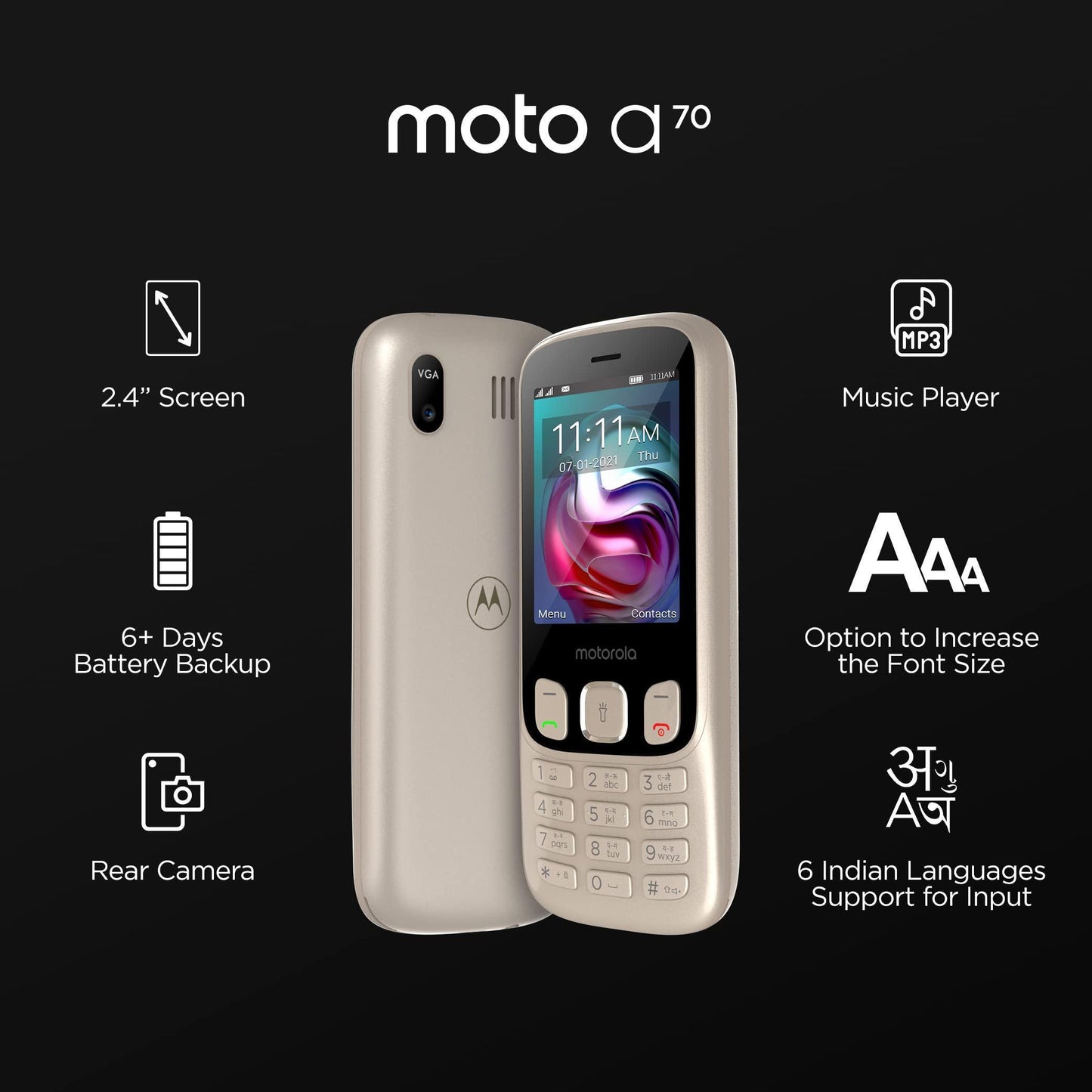 Motorola a70 keypad Mobile Dual Sim with Expandable Memory Upto 32GB,Camera, 2.4 inch Screen with 1750 mAh Battery, Rose Gold - Triveni World