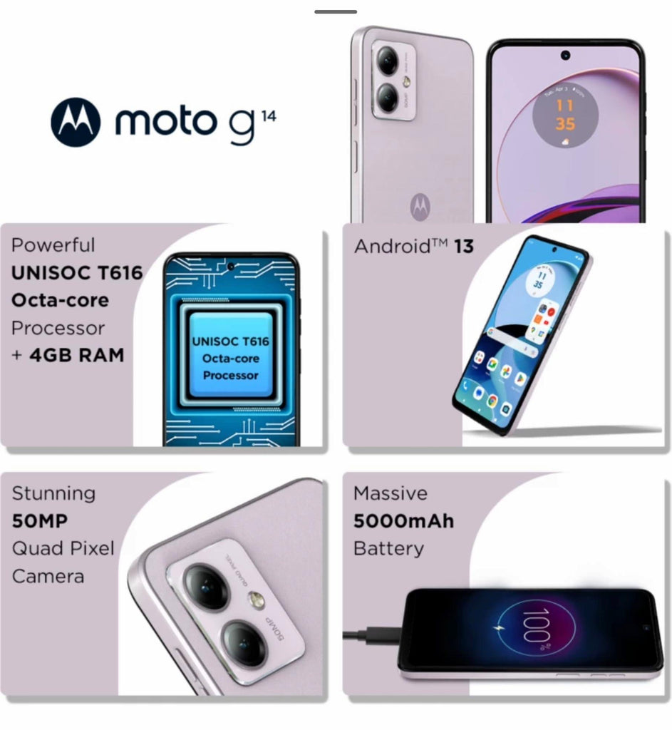 Motorola G14 4G (Pale Lilac, 4GB RAM, 128GB Storage) | 6.5” ultrawide Full HD+ Display | 50MP + 2MP | 8MP Front Camera | Immersive Stereo Speakers with Dolby Atmos - Triveni World