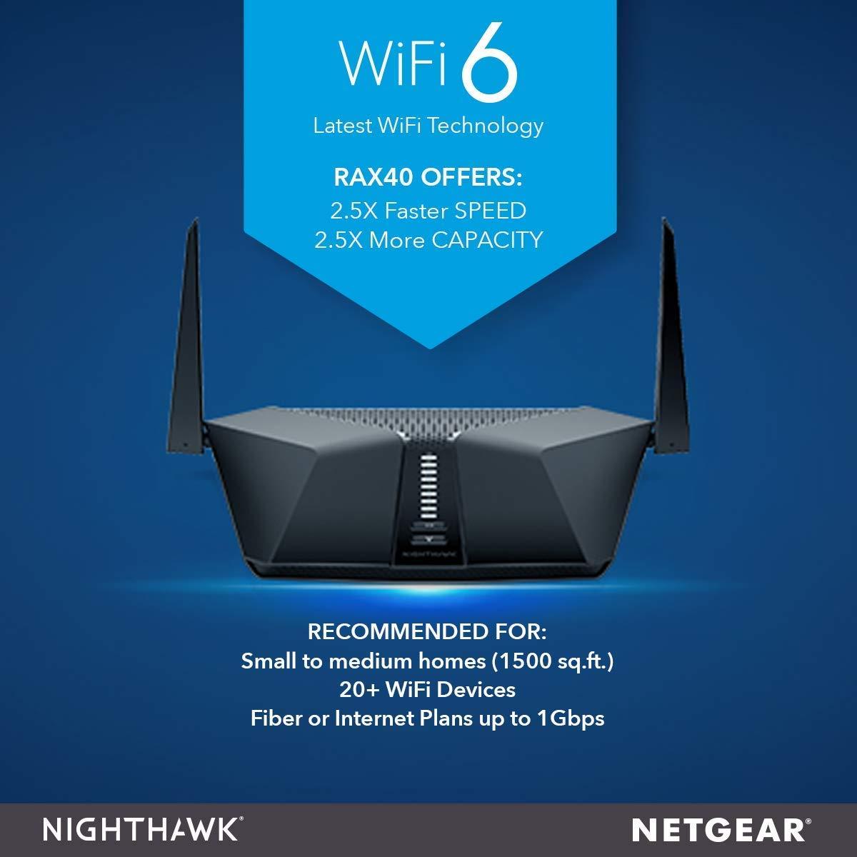 Netgear Nighthawk AX4 4-Stream WiFi 6 Router (RAX40) - AX3000 Wireless Speed (up to 3Gbps) | Coverage for Small-to-Medium Homes | 4 x 1G Ethernet and 1 x 3.0 USB Ports, dual_band, Black - Triveni World