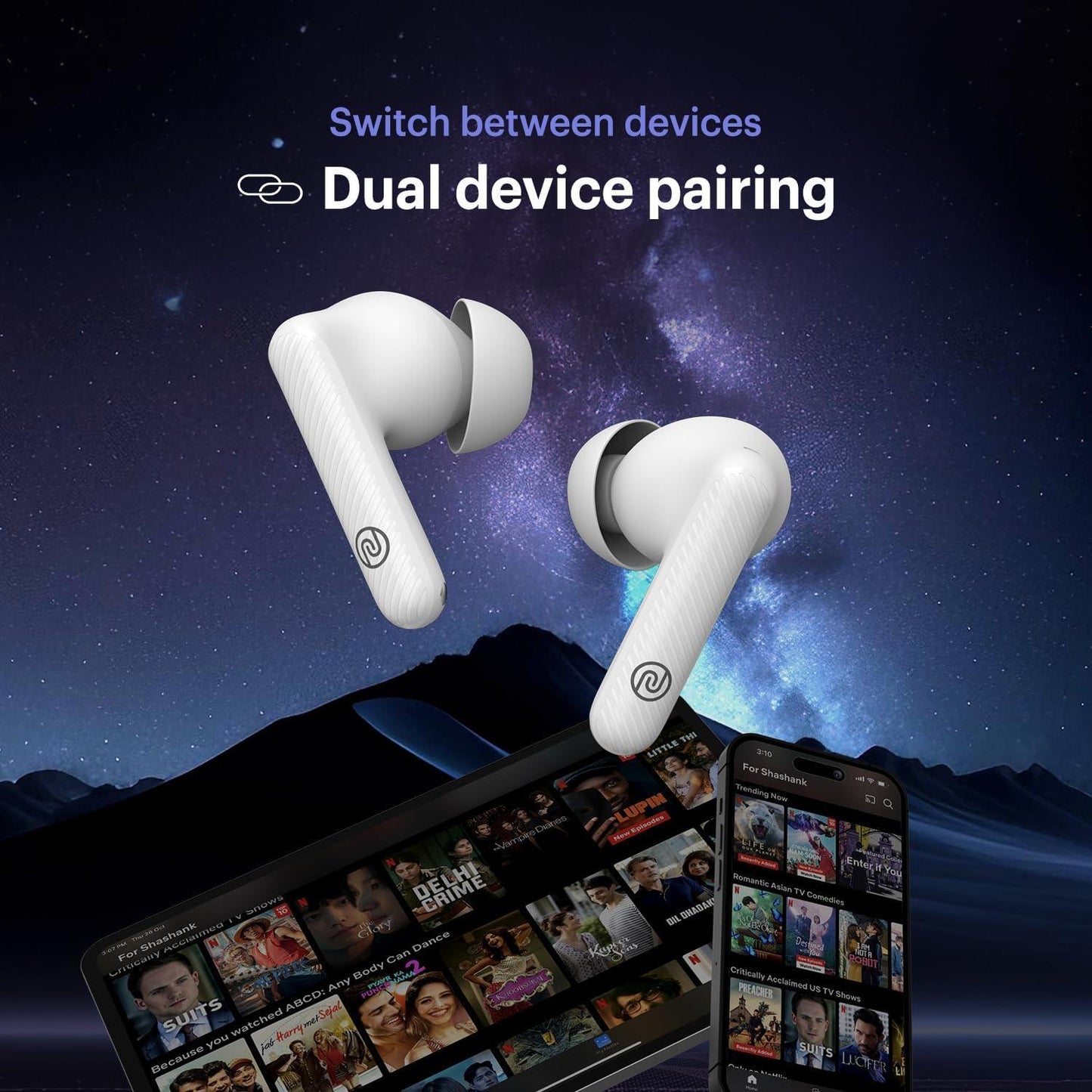 Noise Aura Buds in-Ear Truly Wireless Earbuds with 60H of Playtime, Quad Mic with ENC, Dual Device Pairing, Instacharge(10 min=150 min),12mm Polymer Composite Driver,BT v5.3(Aura White) - Triveni World