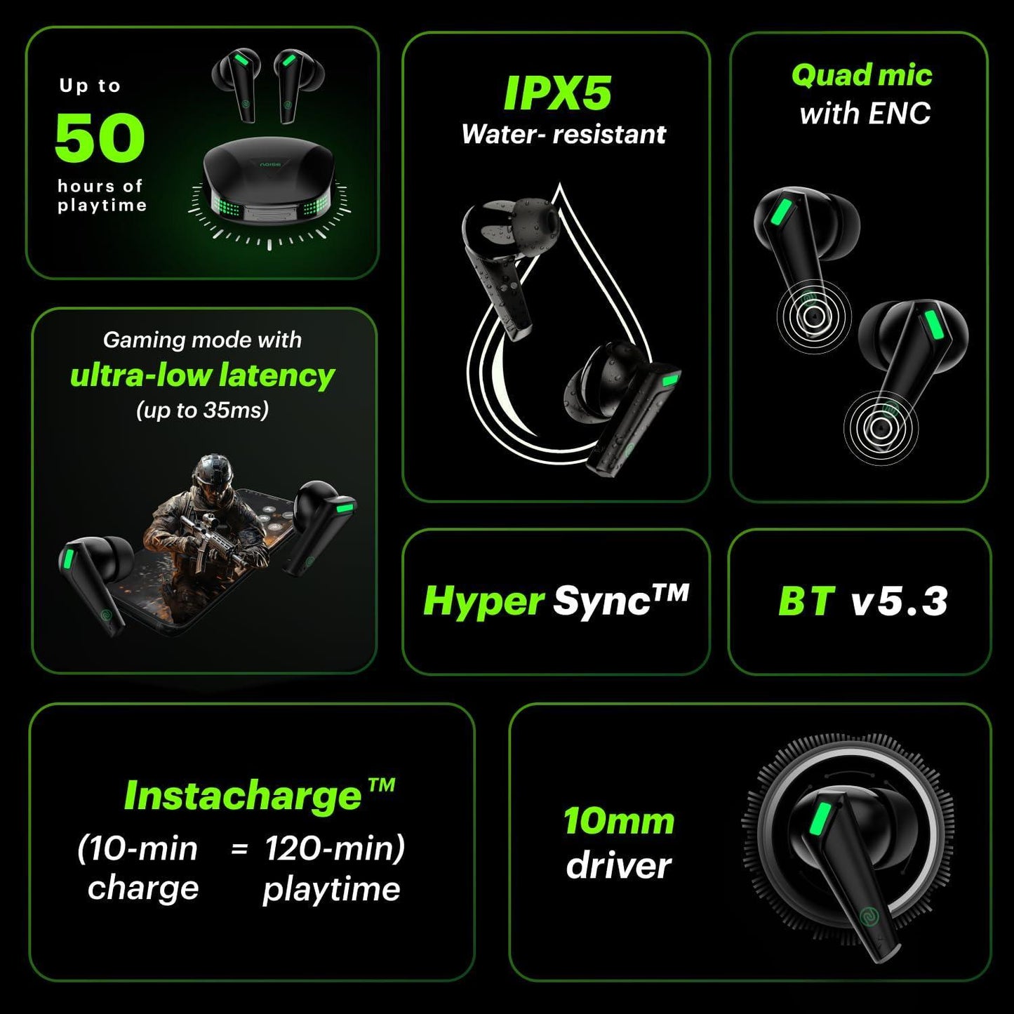 Noise Buds Combat Z in-Ear Truly Wireless Gaming Earbuds with 35ms Low Latency, 50H of Playtime, Instacharge(10 min=120 min),10mm Driver,BT v5.3(Stealth Black) - Triveni World