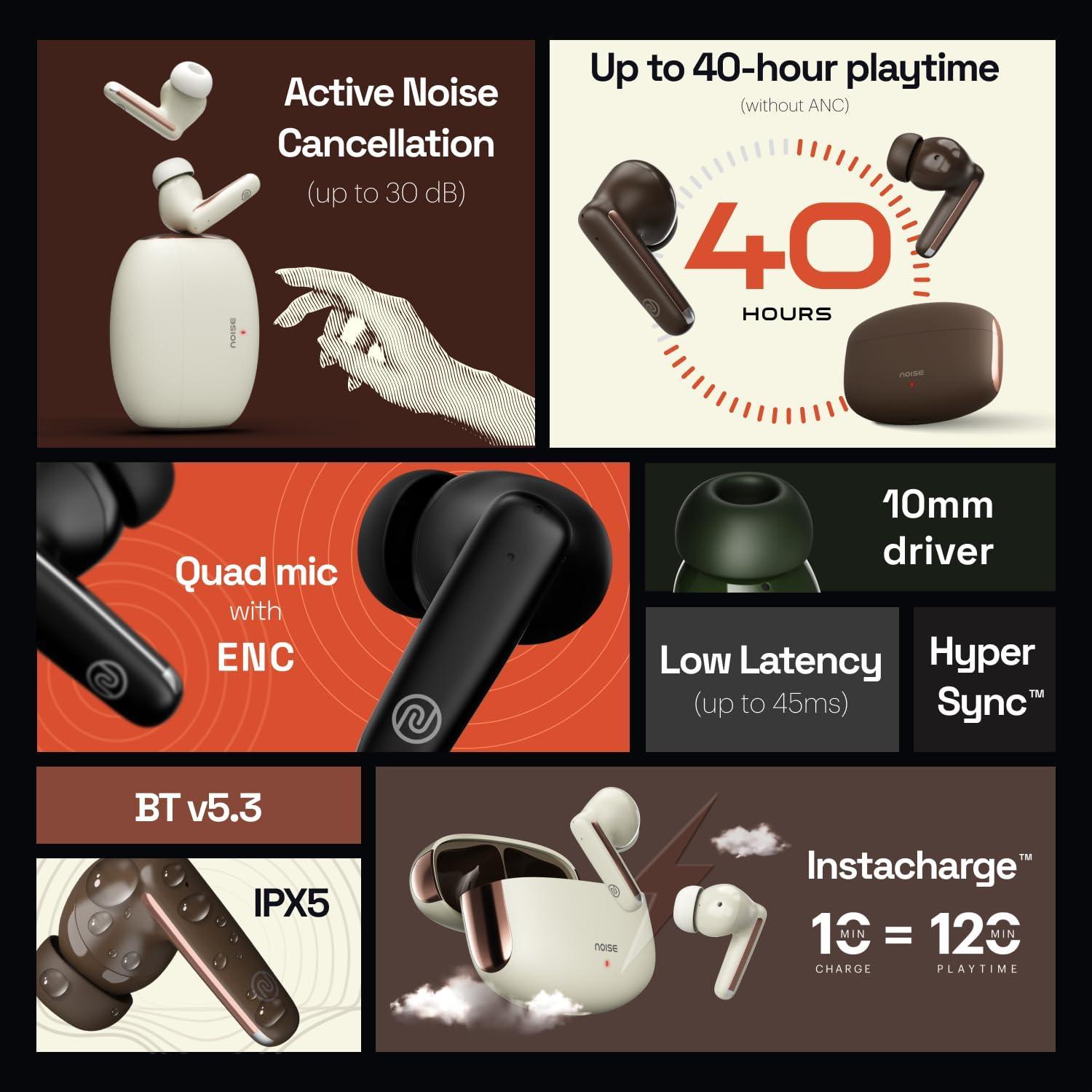 Noise Buds Venus Truly Wireless in-Ear Earbuds with ANC(Upto 30dB), 40H Playtime, Quad Mic with ENC, Instacharge(10 min=120 min), Low Latency(up to 45ms),10mm Driver (Lunar Ivory) - Triveni World