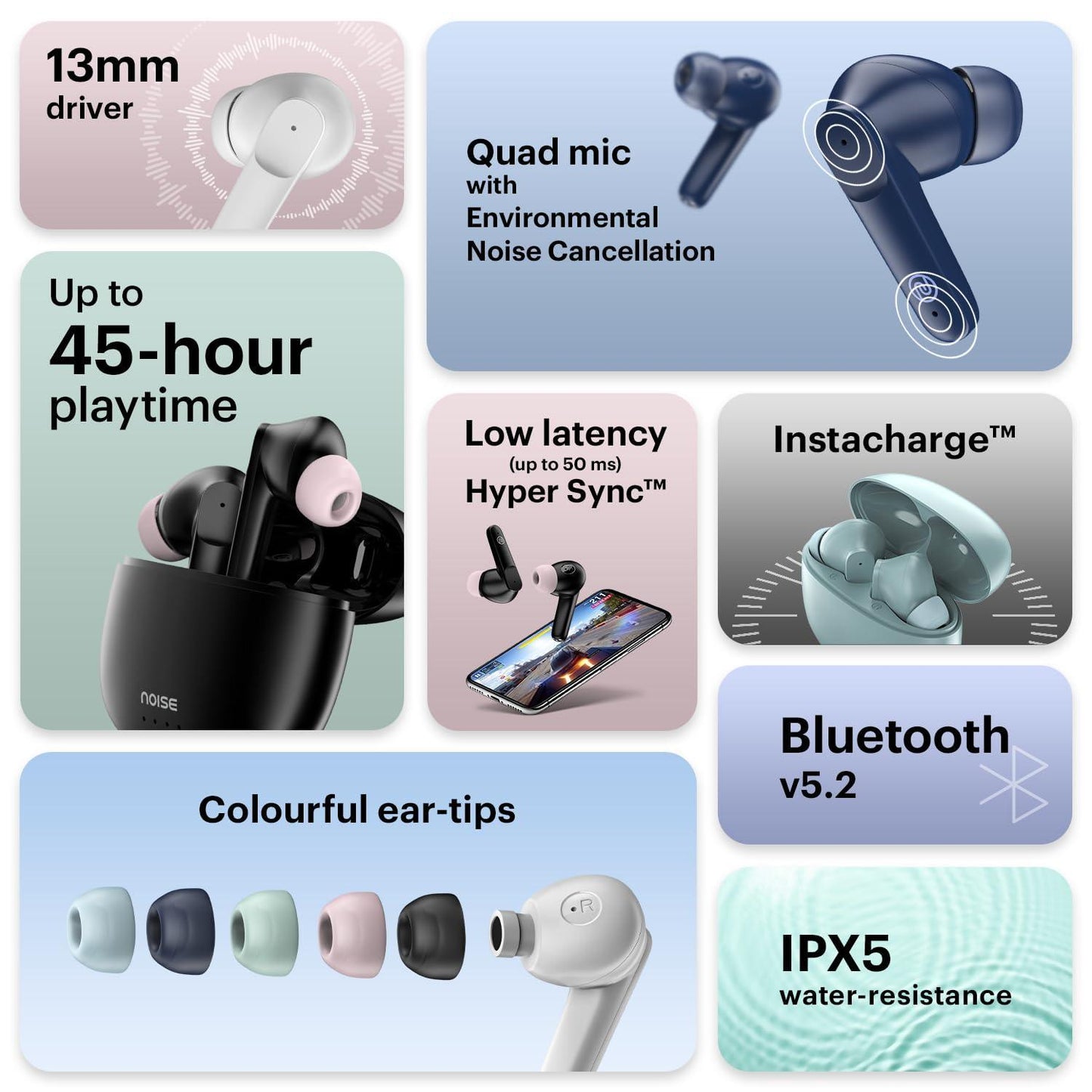 Noise Buds VS104 Truly Wireless Earbuds with 45H of Playtime, Quad Mic with ENC, Instacharge(10 min=200 min), 13mm Driver,Low Latency, BT v5.2 (Charcoal Black) - Triveni World