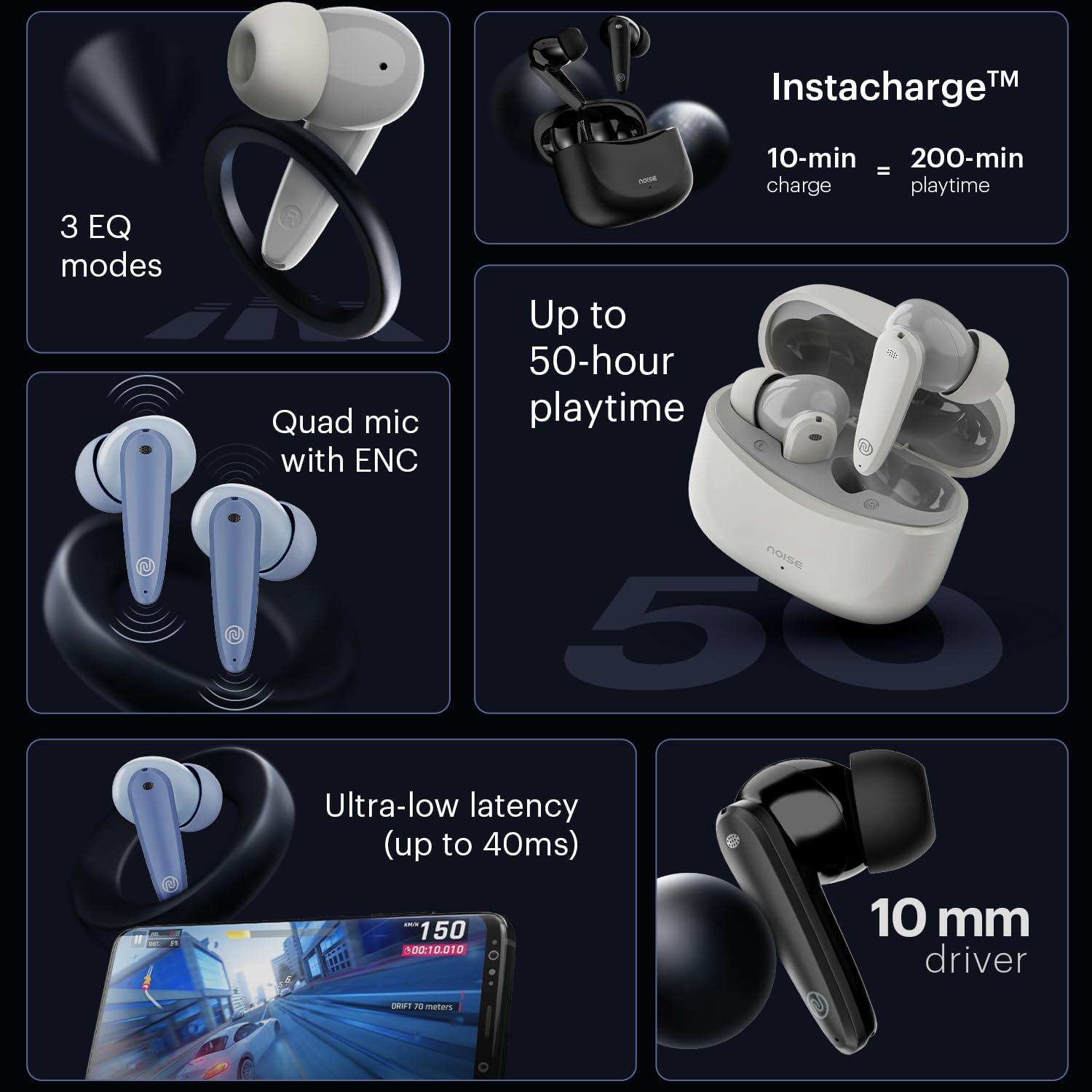 Noise Buds VS106 Truly Wireless in-Ear Earbuds with 50H Playtime, Quad Mic with ENC, Instacharge(10 min=200 min),Ultra-Low Latency(up to 40ms), 10mm Driver, and BT v5.3 (Cloud White) - Triveni World