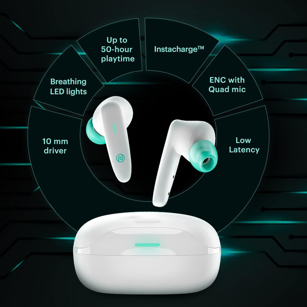 Noise Buds VS402 in-Ear Truly Wireless Earbuds with 50H of Playtime, Low Latency, Quad Mic with ENC, Instacharge(10 min=120 min),10mm Driver, BT v5.3, Breathing LED Lights (Neon White) - Triveni World