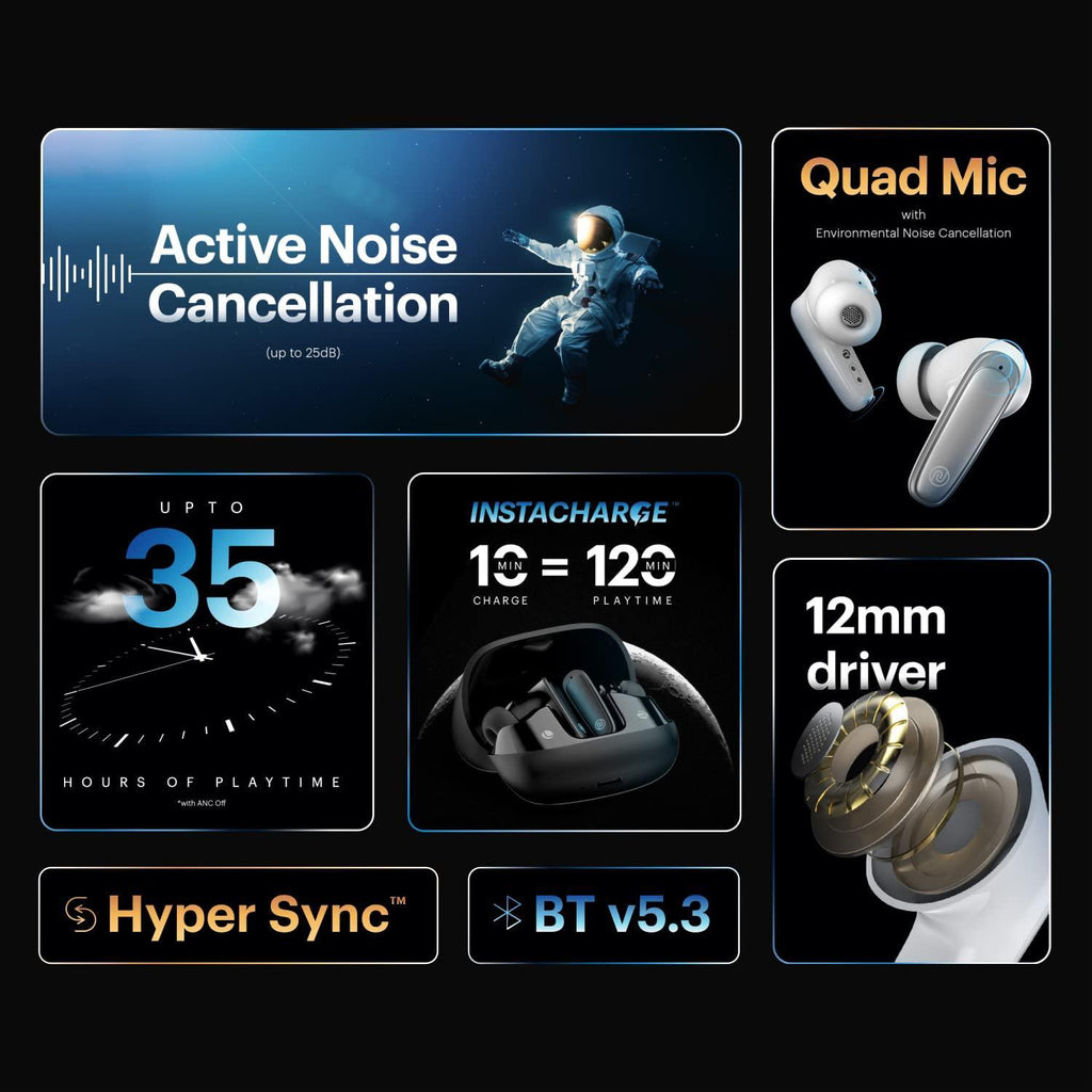 Noise Buds X Truly Wireless in-Ear Earbuds with ANC(Upto 25dB), 35H Playtime, Quad Mic with ENC, Instacharge(10 min=120 min), 12mm Driver, BT v5.3 (Carbon Black) - Triveni World