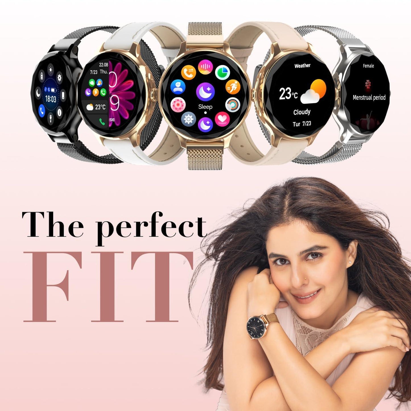 Noise Diva Smartwatch with Diamond Cut dial, Glossy Metallic Finish, AMOLED Display, Mesh Metal and Leather Strap Options, 100+ Watch Faces, Female Cycle Tracker Smart Watch for Women (Black Link) - Triveni World