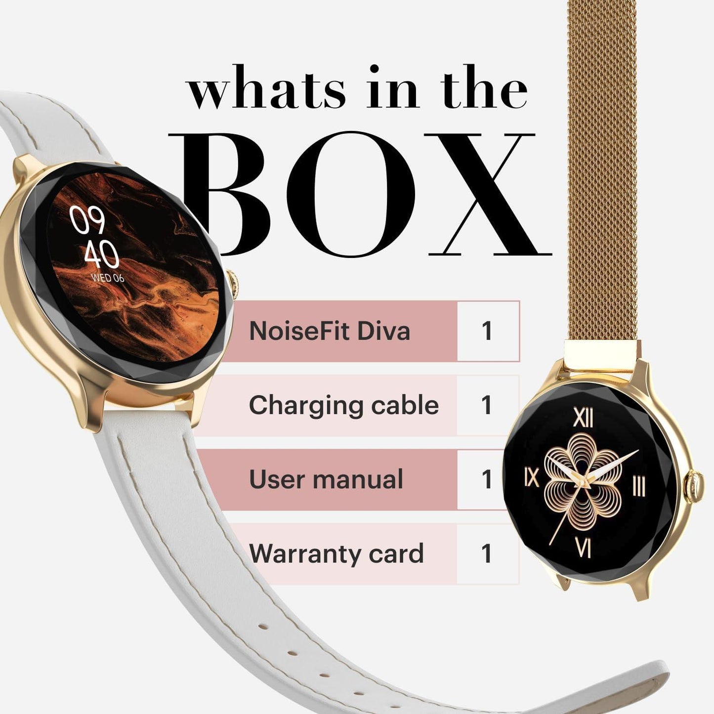 Noise Diva Smartwatch with Diamond Cut dial, Glossy Metallic Finish, AMOLED Display, Mesh Metal and Leather Strap Options, 100+ Watch Faces, Female Cycle Tracker Smart Watch for Women (Gold Link) - Triveni World