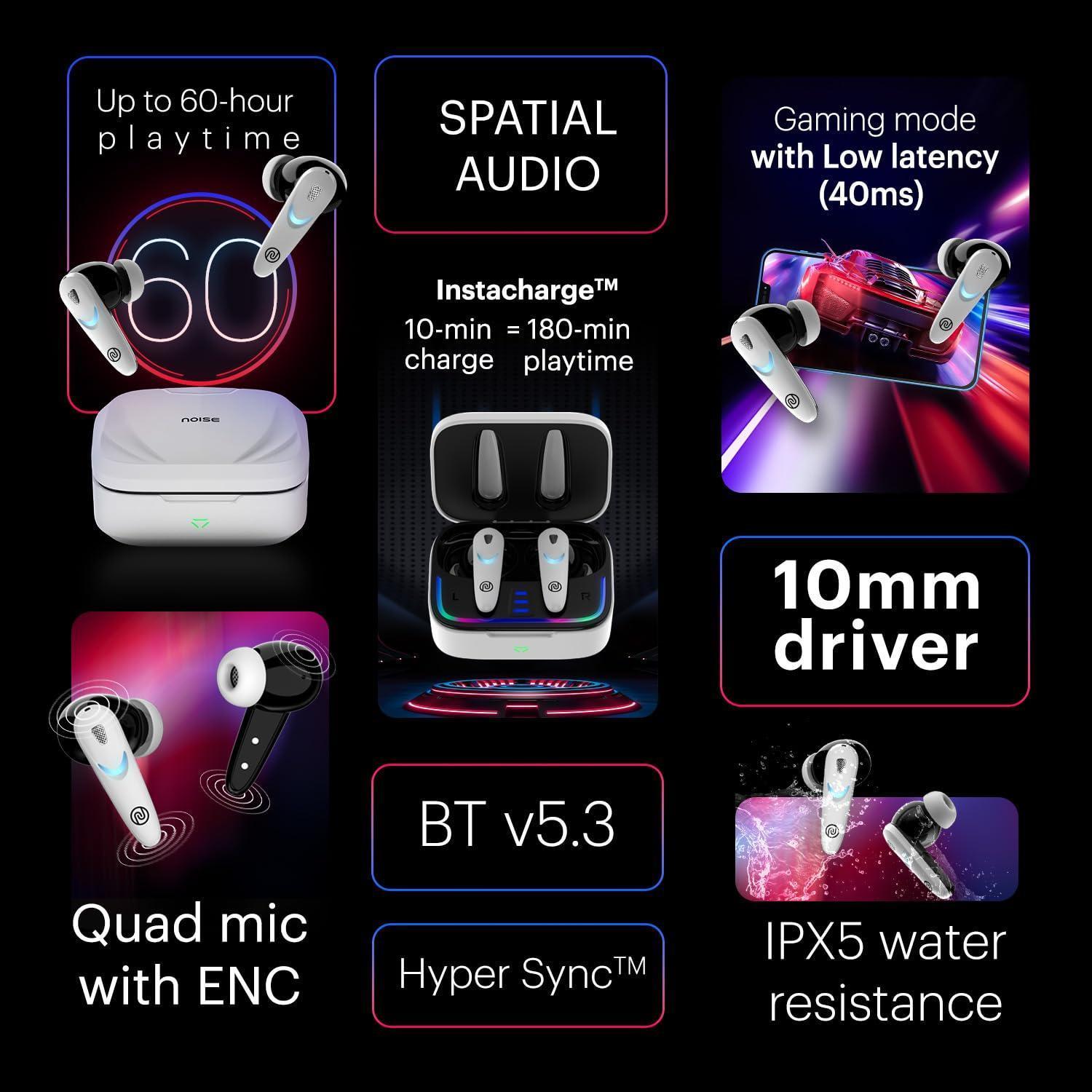 Noise Newly Launched Buds Combat X In-Ear Truly Wireless Gaming Earbuds with 40ms Low Latency, 60H of Playtime, Spatial Audio, RGB Lights, Instacharge(10 min=180 min),10mm Driver,BT v5.3(Covert White) - Triveni World