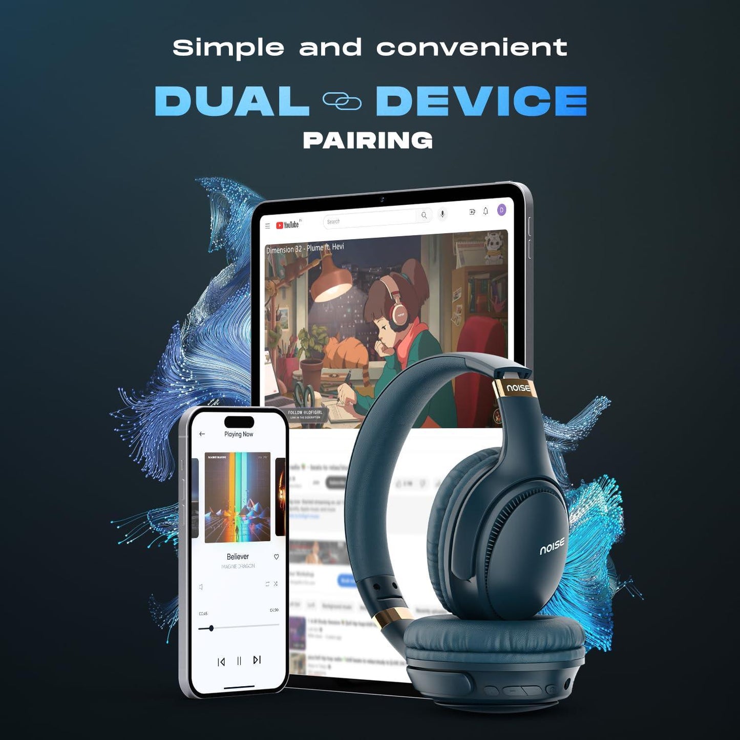 Noise Newly Launched Three Wireless On-Ear Headphones with 70H Playtime, 40mm Driver, Low Latency(up to 45ms),Dual Pairing, BT v5.3 (Space Blue) - Triveni World