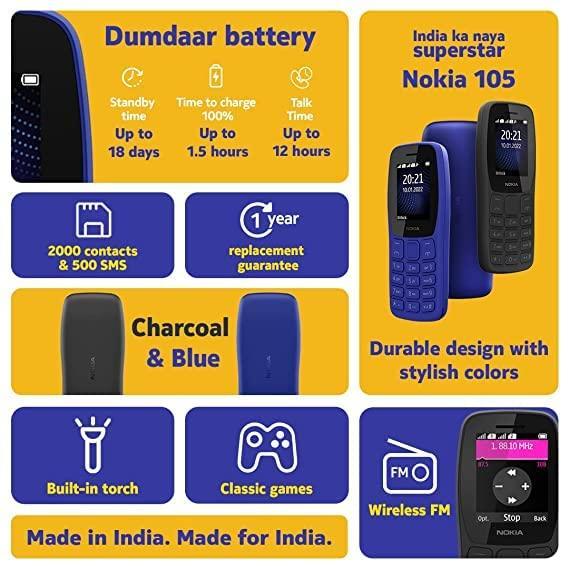 for Nokia 105 Single SIM,Keypad Mobile with Wireless FM Radio Charcoal - Triveni World