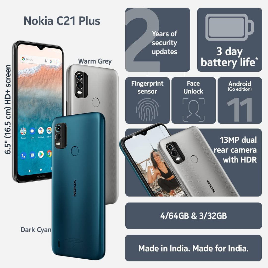 Nokia C21 Plus Android Smartphone, Dual SIM, 3-Day Battery Life, 4GB RAM + 64GB Storage, 13MP Dual Camera with HDR | Dark Cyan - Triveni World