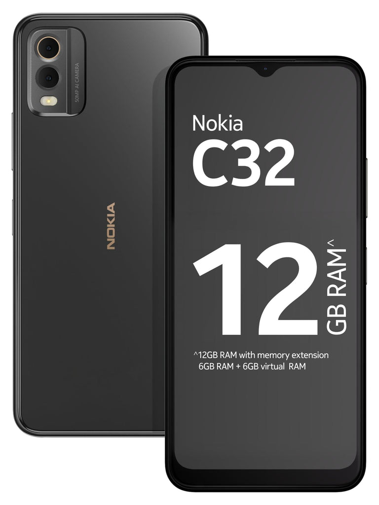 Nokia C32 with 50MP Dual Rear AI Camera | 3-Day Battery Life | Toughened Glass Back | 12GB RAM with Memory Extension (6GB RAM + 6GB Virtual RAM) | Android 13 | Charcoal - Triveni World