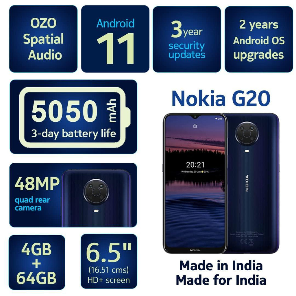 Nokia G20 Smartphone, Dual SIM 4G, 4GB RAM/64GB Storage, 48MP Quad Camera with 6.5” (16.51 cm) Screen | Silver, 4GB+64Gb - Triveni World