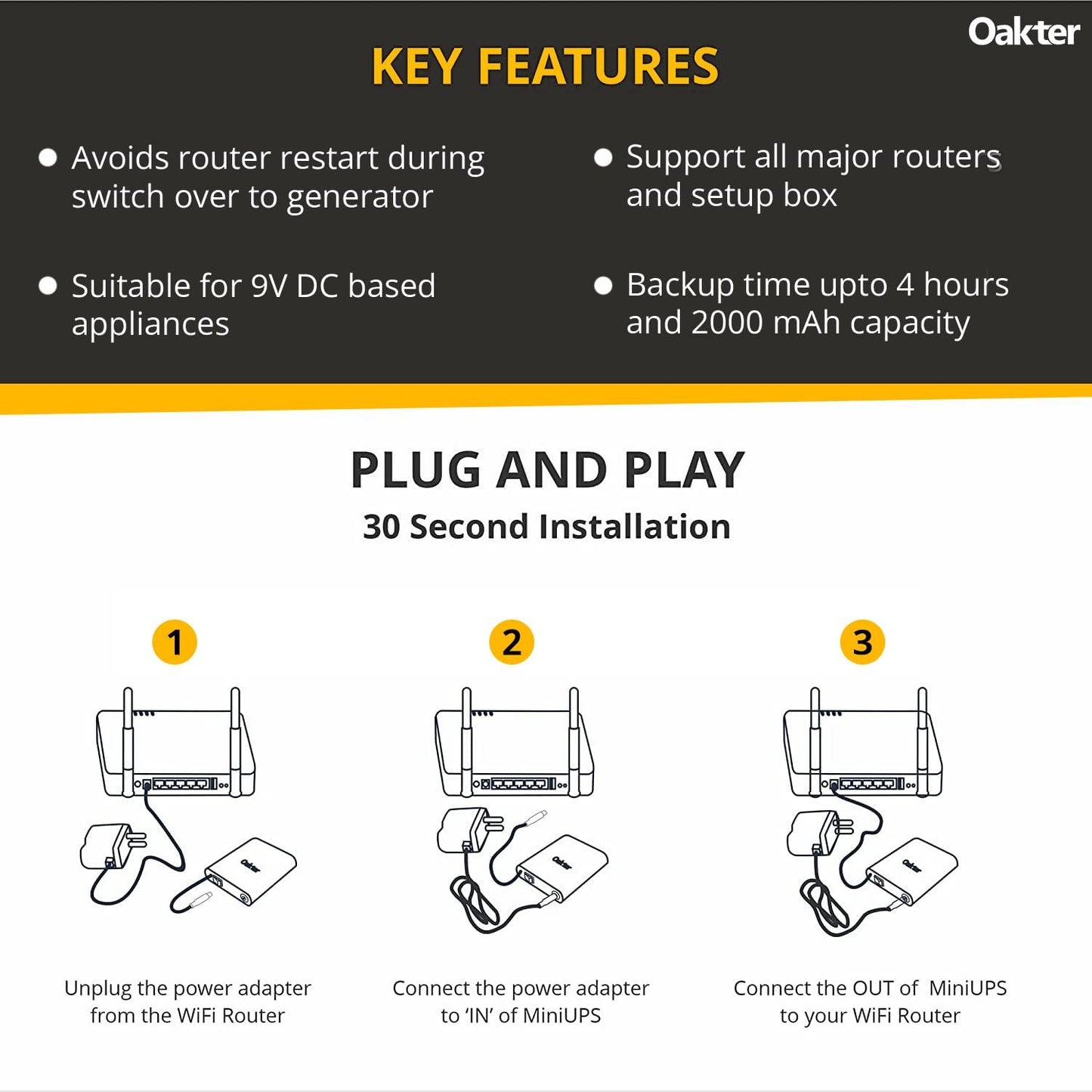 Oakter Mini UPS for 9V WiFi Router Backup Upto 4 Hours | WiFi Router UPS Power Backup During Power Cuts | UPS for 9V Router Broadband Modem | Current Surge & Deep Discharge Protection - Triveni World