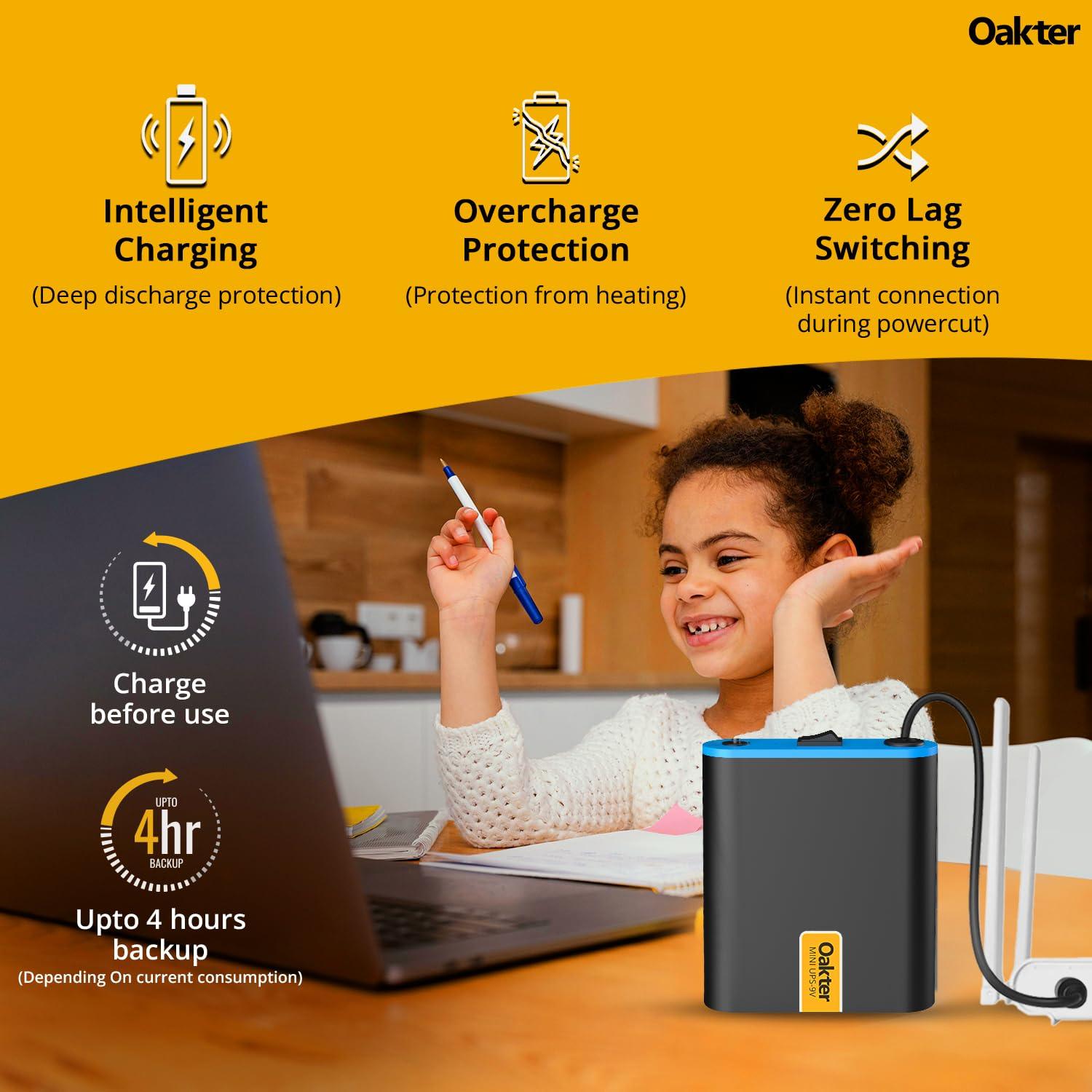 Oakter Mini UPS for 9V WiFi Router Backup Upto 4 Hours | WiFi Router UPS Power Backup During Power Cuts | UPS for 9V Router Broadband Modem | Current Surge & Deep Discharge Protection - Triveni World