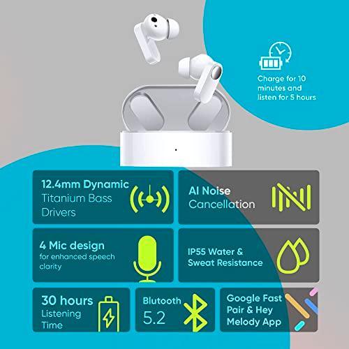 Oneplus Nord Buds True Wireless in Ear Earbuds with Mic, 12.4mm Titanium Drivers, Playback:Up to 30hr case, 4-Mic Design + AI Noise Cancellation, IP55 Rating, Fast Charging (White Marble) - Triveni World