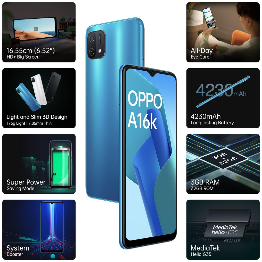 Oppo A16k (Blue, 3GB RAM, 32GB Storage) with No Cost EMI/Additional Exchange Offers - Triveni World