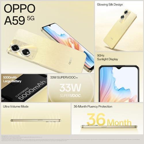 OPPO A59 5G (Silk Gold, 4GB RAM, 128GB Storage) | 5000 mAh Battery with 33W SUPERVOOC Charger | 6.56" HD+ 90Hz Display | with No Cost EMI/Additional Exchange Offers - Triveni World