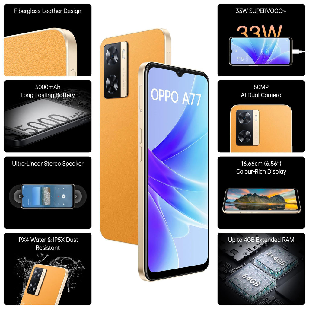 Oppo A77 (Sunset Orange, 4GB RAM, 64 Storage) with No Cost EMI/Additional Exchange Offers - Triveni World