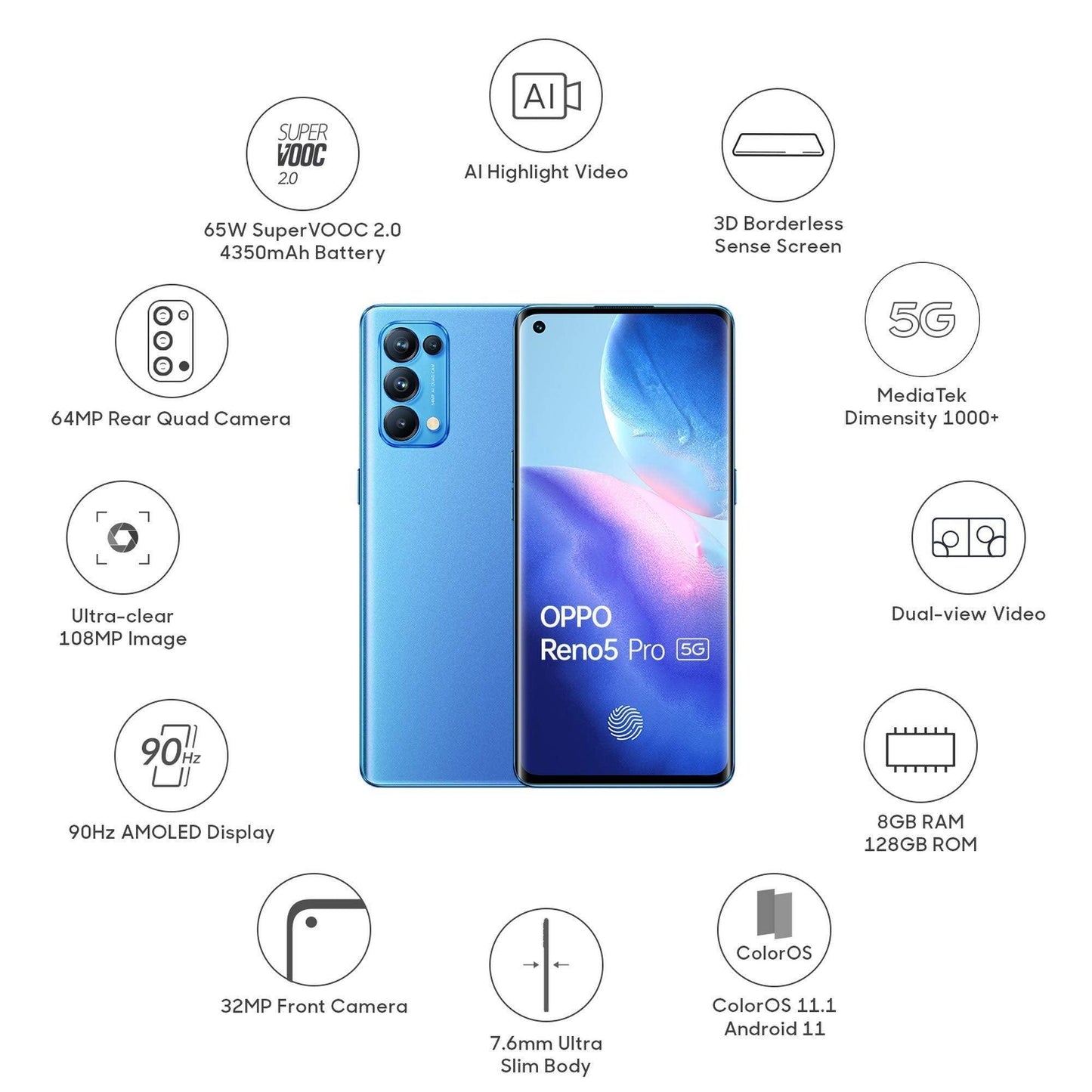 Oppo Reno5 Pro 5G (Astral Blue, 8GB RAM, 128GB Storage) with No Cost EMI/Additional Exchange Offers - Triveni World