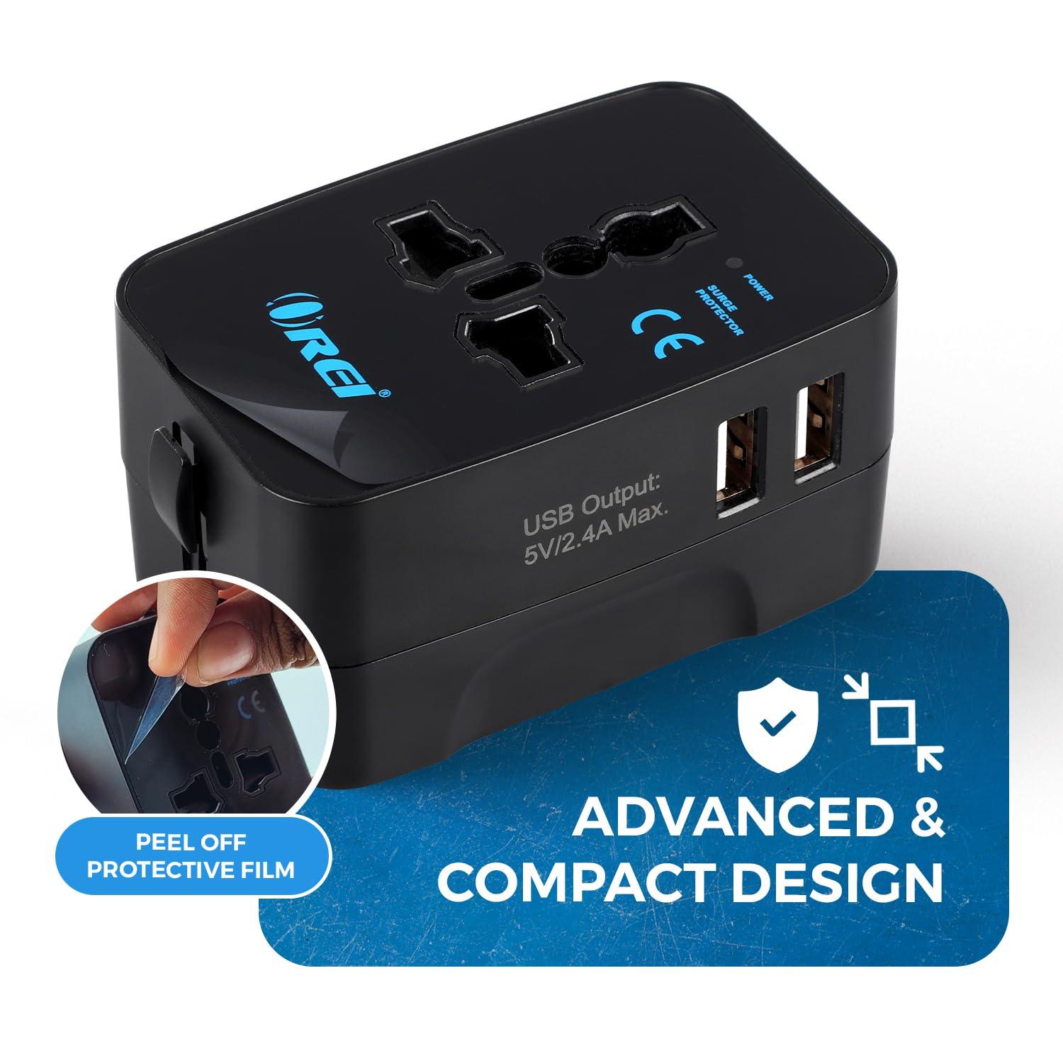 Orei Universal Travel Adapter - 3 in 1 Worldwide Travel Adapter with Dual USB - Universal Socket with 2X USB-A 2.4A - Travel Adapter for US, Europe & More - 3 Year Warranty - Triveni World