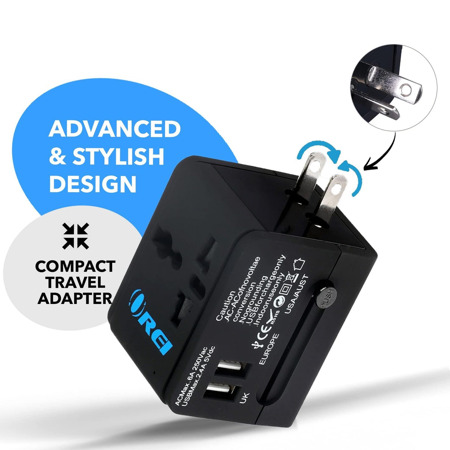 Orei Universal Travel Adapter with 2 USB Ports, 3 in 1 Universal Charger, International Travel Adapter for Cell Phones, Tablets, Camera, for Travelers to US, Europe, UK & More - Triveni World