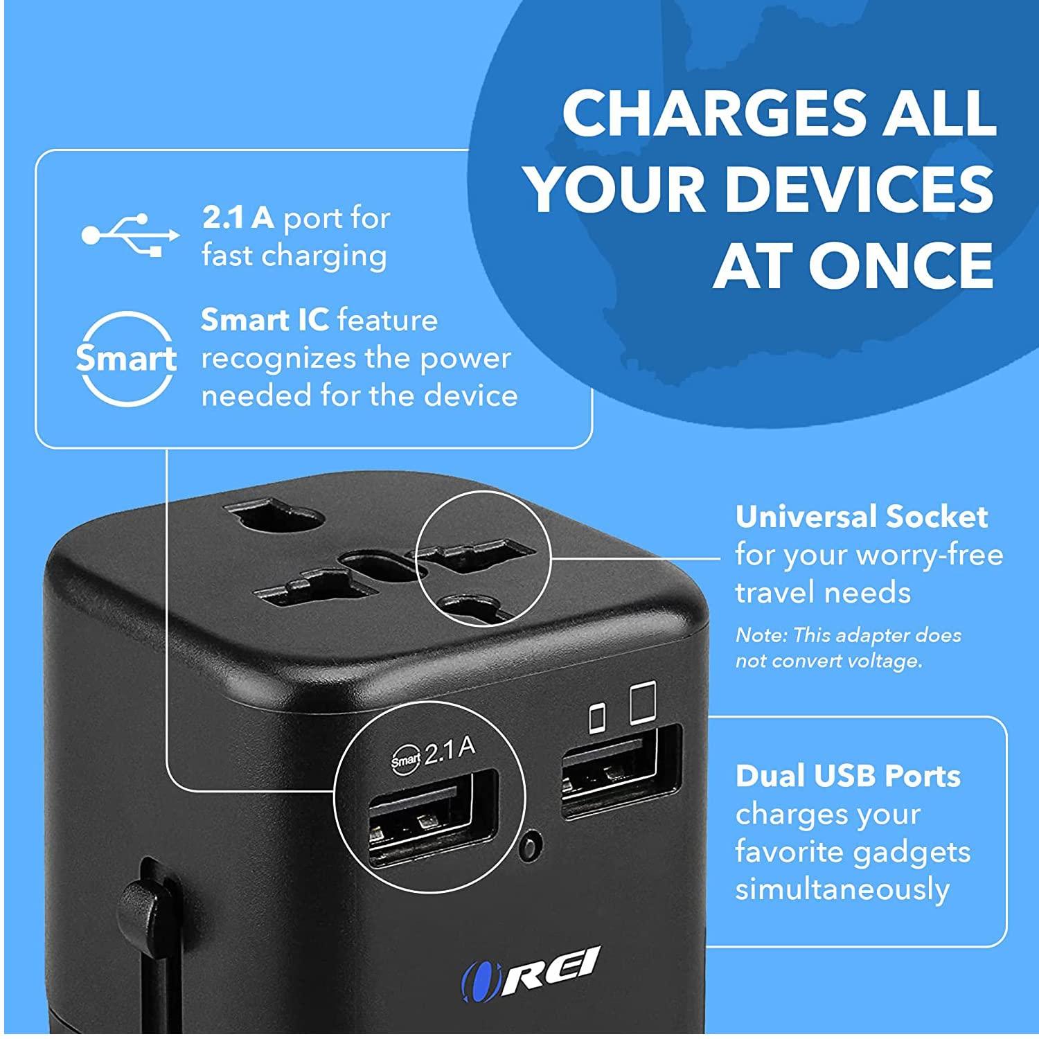 OREI Worldwide Universal Travel Adapter with Dual USB Ports (2.1A Smart Plug Charging) - All-in-One, 100V-250V plug - International plug Adapter for Cell Phones, Tablets, Camera - 5 Years of Warranty - Triveni World