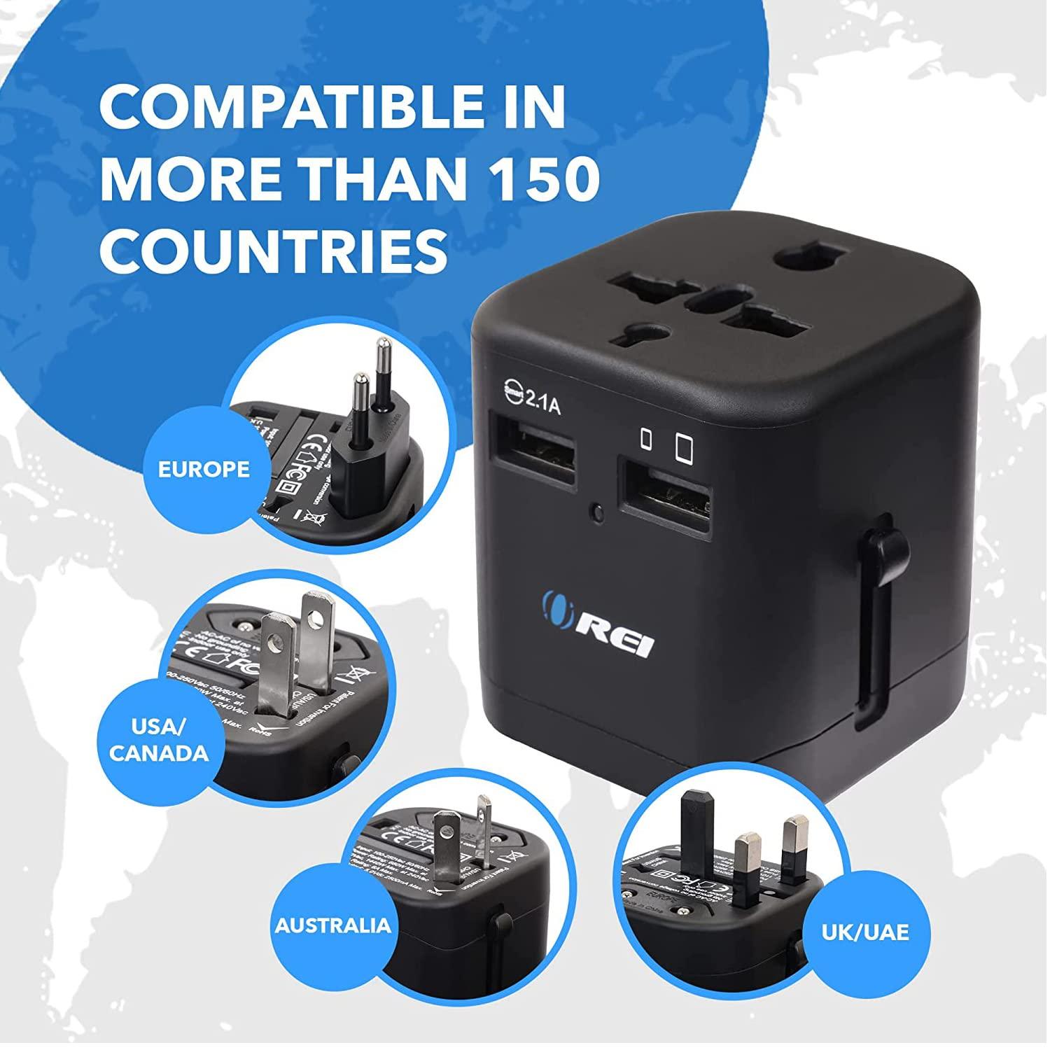 OREI Worldwide Universal Travel Adapter with Dual USB Ports (2.1A Smart Plug Charging) - All-in-One, 100V-250V plug - International plug Adapter for Cell Phones, Tablets, Camera - 5 Years of Warranty - Triveni World