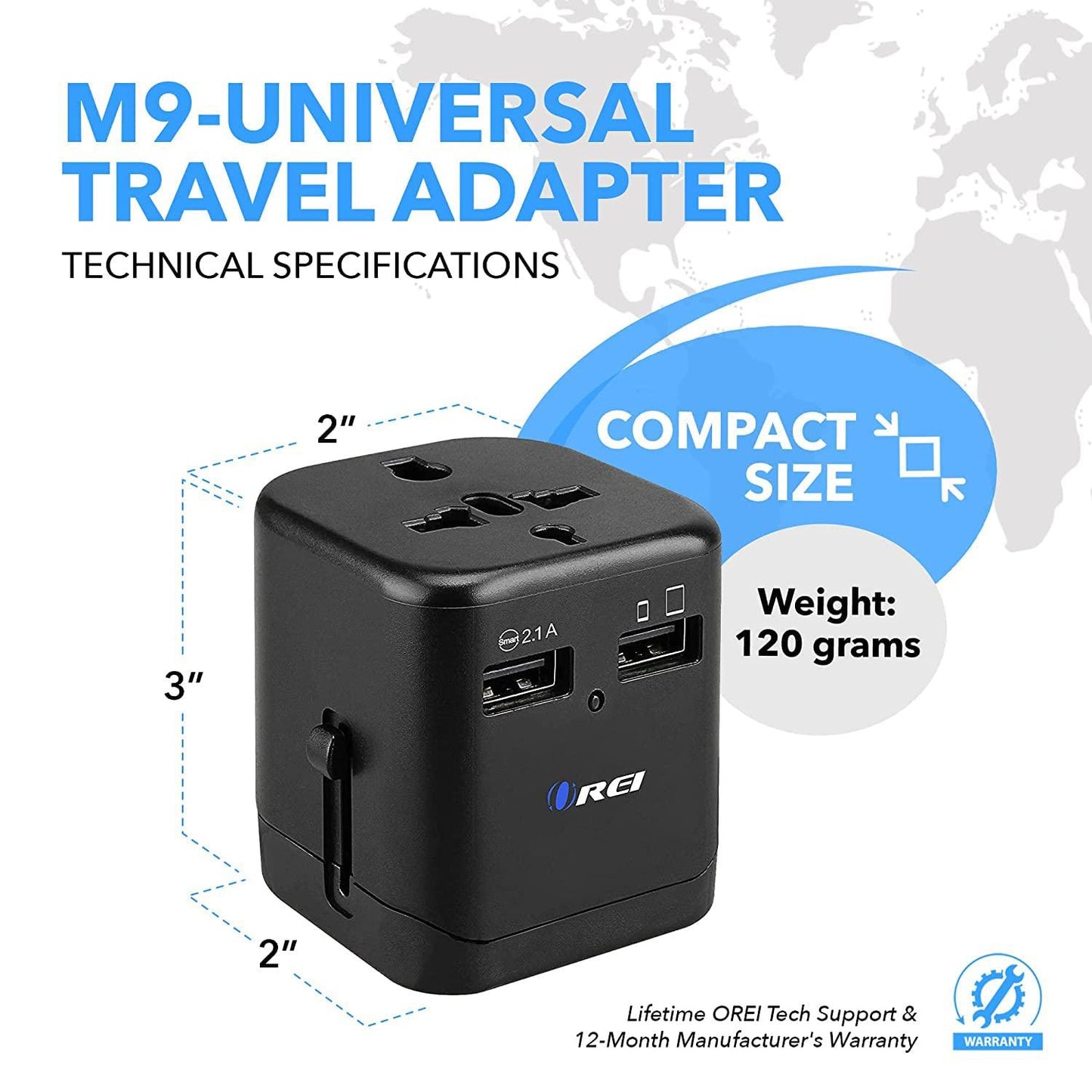 OREI Worldwide Universal Travel Adapter with Dual USB Ports (2.1A Smart Plug Charging) - All-in-One, 100V-250V plug - International plug Adapter for Cell Phones, Tablets, Camera - 5 Years of Warranty - Triveni World